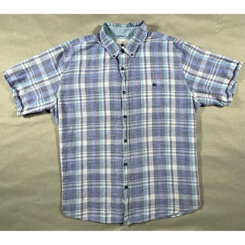 Weatherproof Vintage Mens 2XL Blue Plaid Cotton Short Sleeve Button Up Shirt